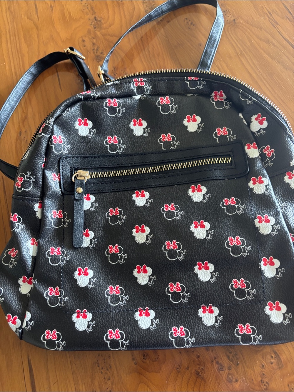 Disney Black Faux Leather Mini Backpack with‎ Red & White Minnie Print